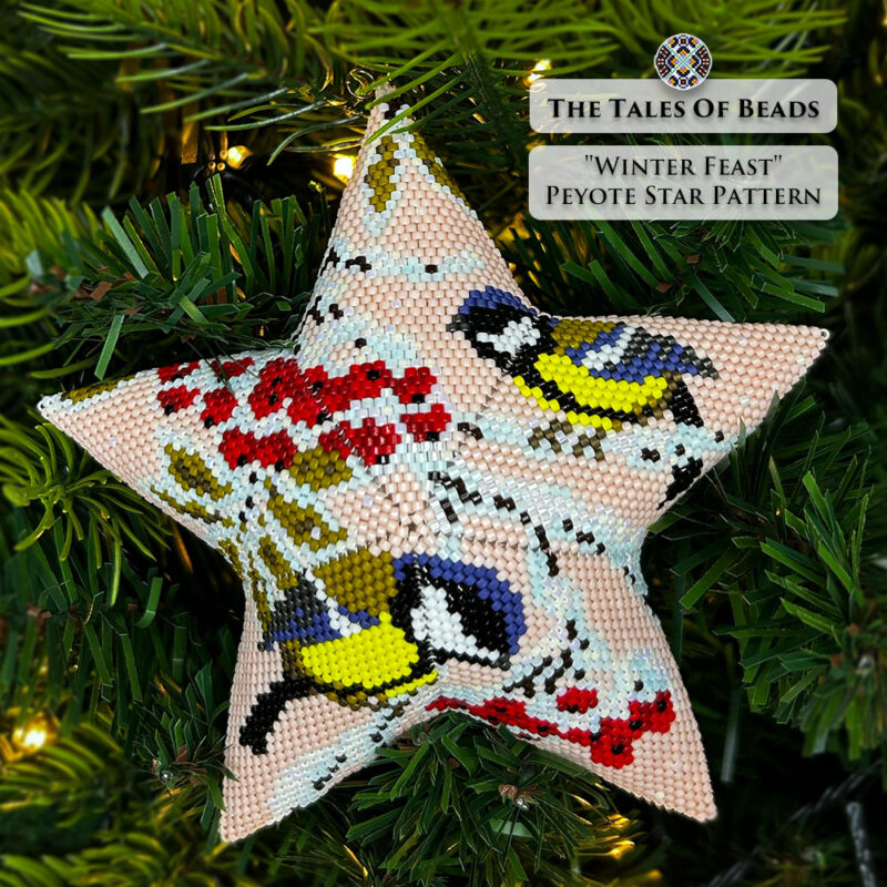A 3D peyote star with winter birds displayed on a Christmas tree