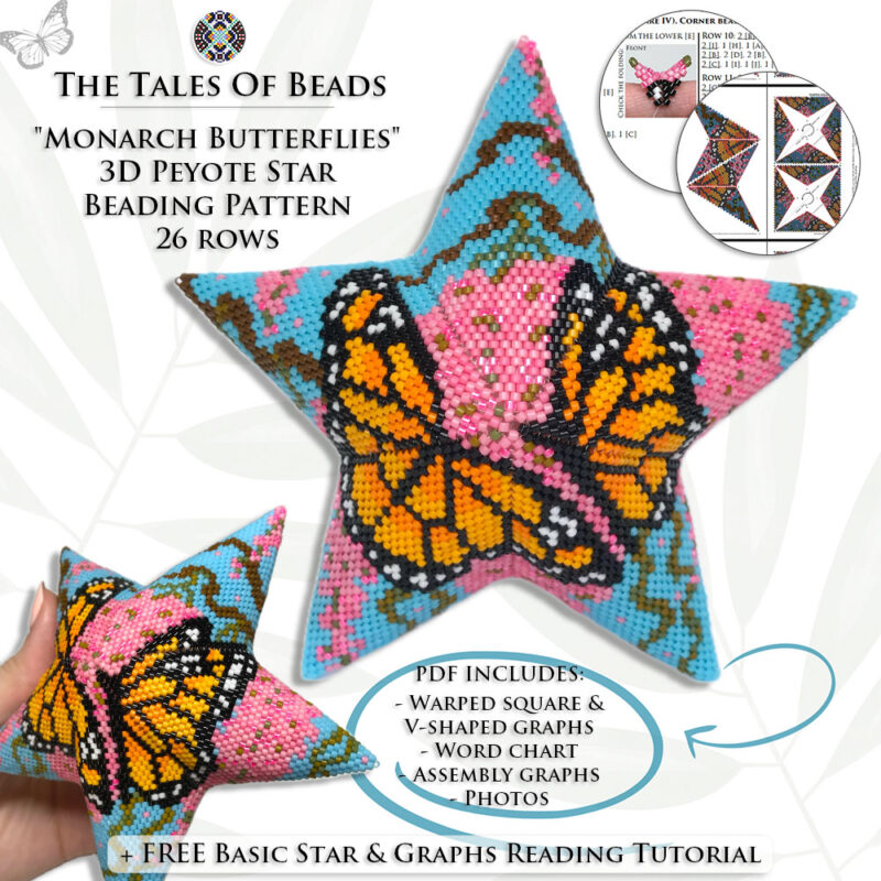 Collage image featuring different sides of the Monarch Butterflies Peyote Star with beading pattern extracts