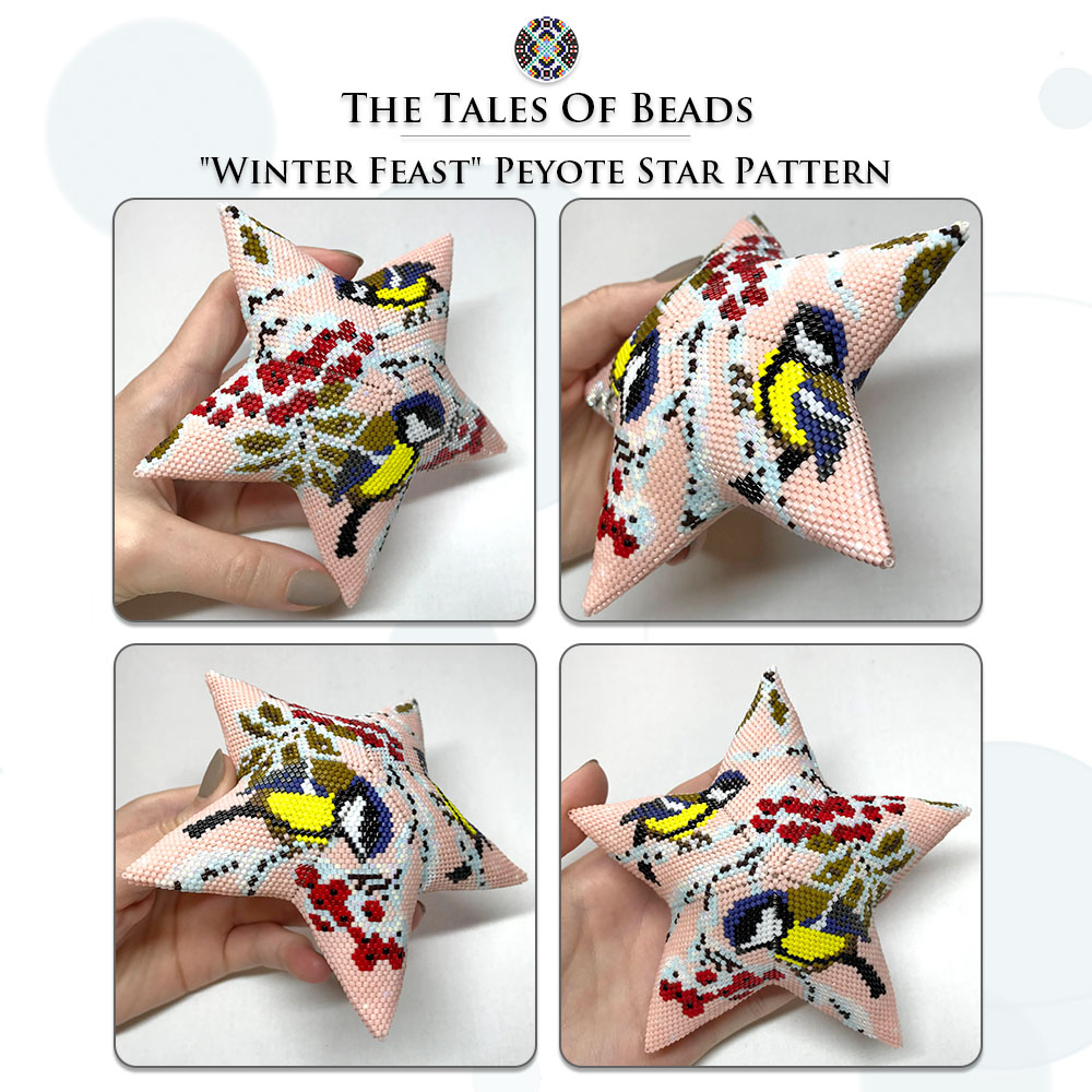 A collage image of 4 different sides of a peyote star with a winter birds held in hand for scale