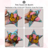 A collage image of 4 different sides of a peyote star with a monarch butterflies held in hand for scale