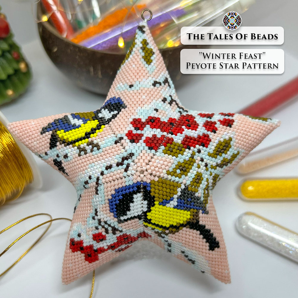 Beaded star featuring birds pictured with beading materials