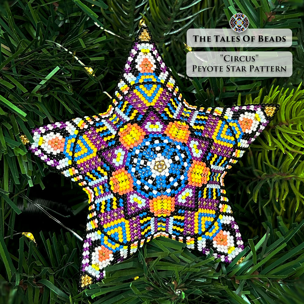 A 3D peyote star with art deco inspired motif displayed on a Christmas tree