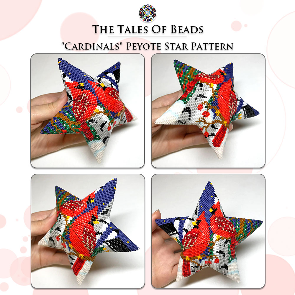 different sides of a peyote star with red cardinals, held in hand for scale