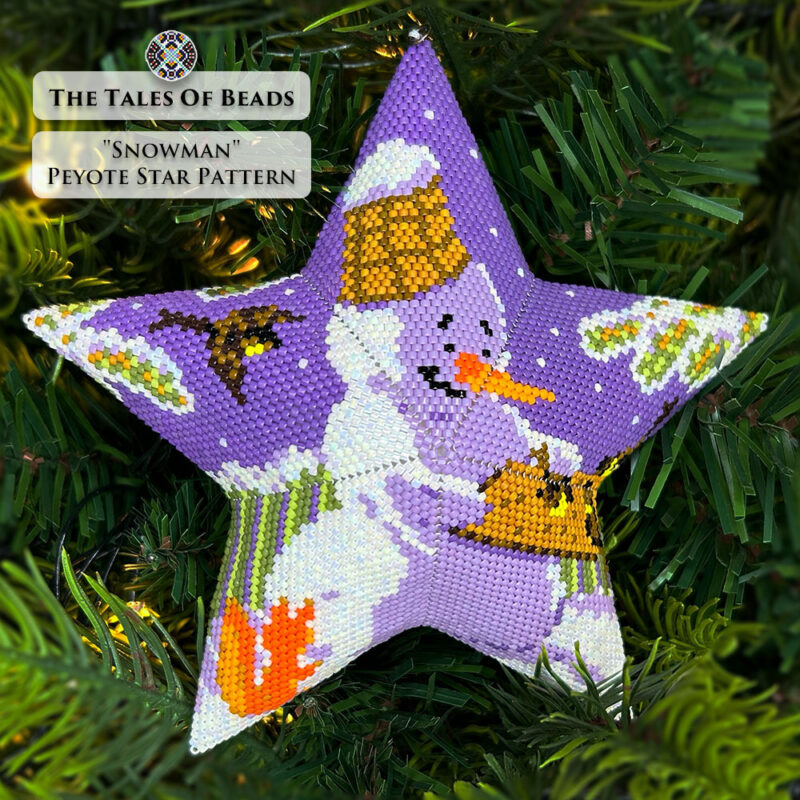 beaded star ornament with a kind snowman feeding birds hanging on a Christmas tree