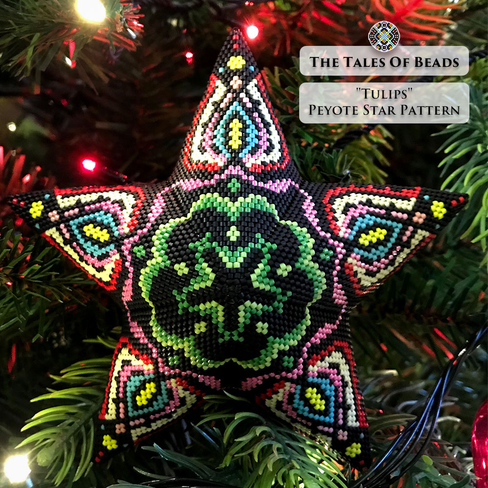 A finished Tulips Peyote Star displayed on Christmas tree