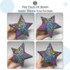 A collage image of 4 different sides of a peyote star with an angel, held in hand for scale