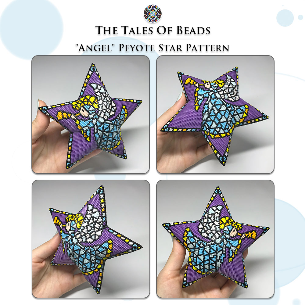 A collage image of 4 different sides of a peyote star with an angel, held in hand for scale