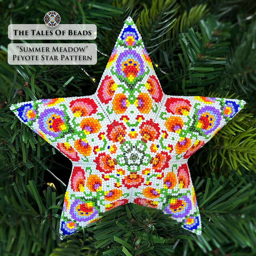 A finished Summer Meadow Peyote Star displayed on Christmas tree