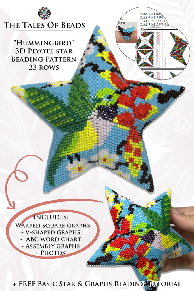 a beading pattern for a peyote star featuring a hummingbird