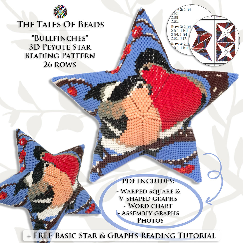 A collage image featuring the side view and the front view of the finished Bullfinches Peyote Star with pdf pattern extracts
