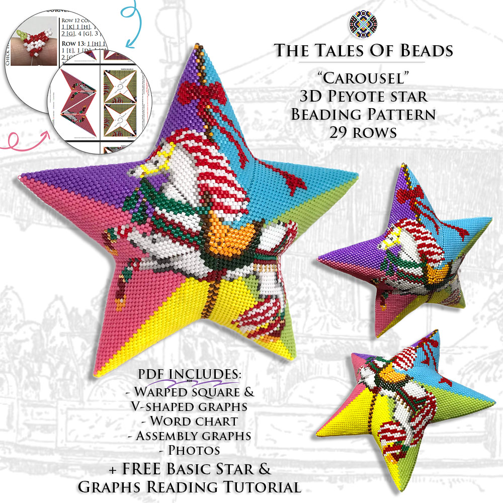 Collage image featuring different sides of the Carousel Peyote Star with beading pattern extracts