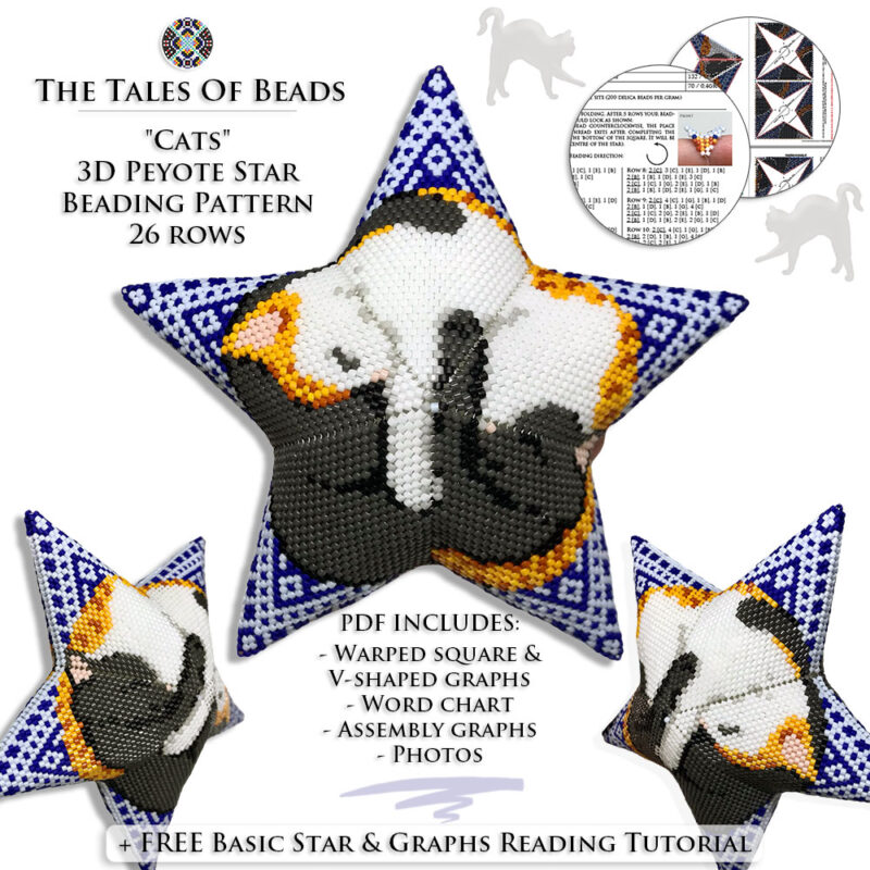 Collage image featuring different sides of the Cats Peyote Star with beading pattern extracts
