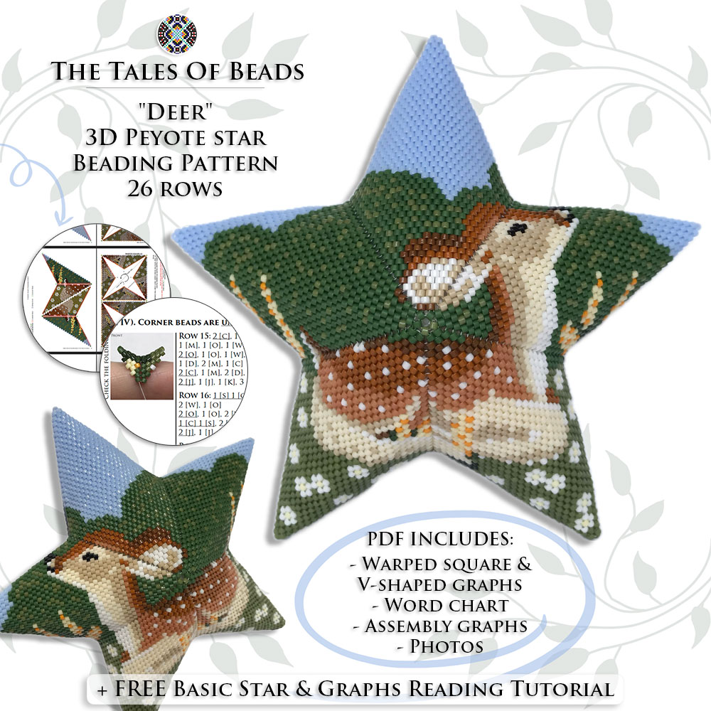 Collage image featuring different sides of the Deer Peyote Star with beading pattern extracts