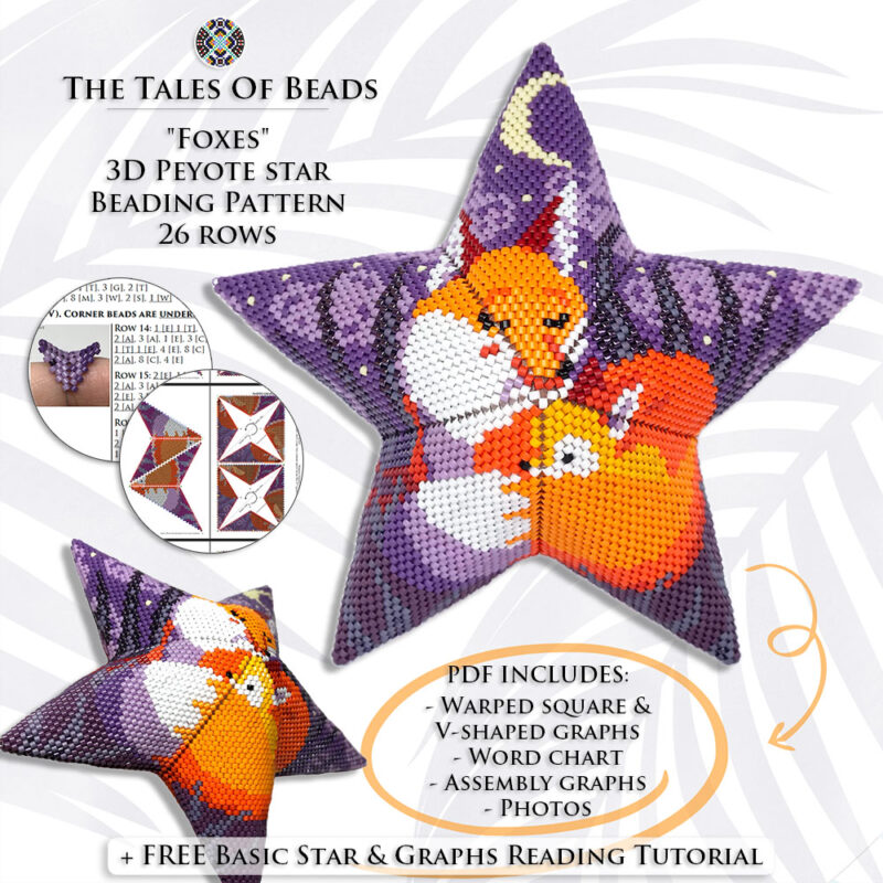 Collage image featuring different sides of the Foxes Peyote Star with beading pattern extracts