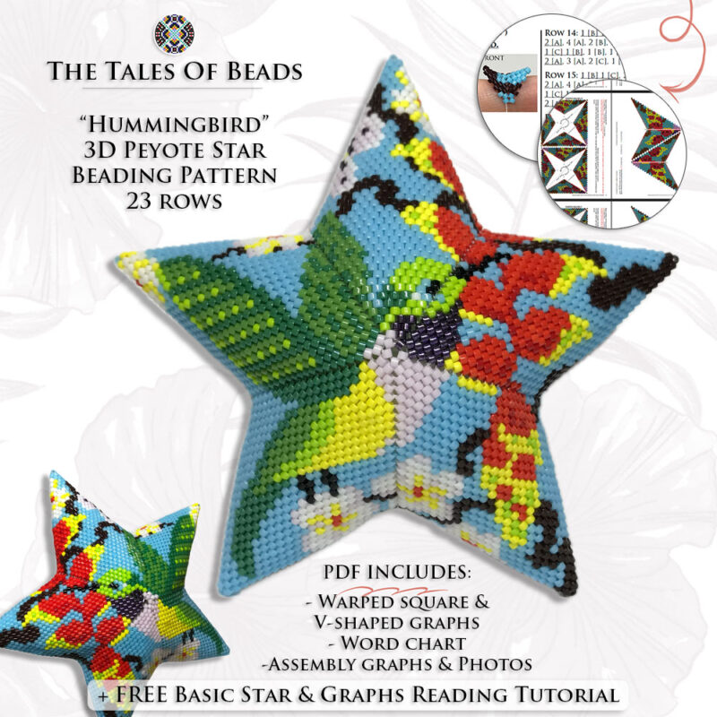 Collage image featuring different sides of the Hummingbird Peyote Star with beading pattern extracts