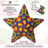 A collage showing a peyote star with a geometric motif in teal, yellow and purple and its pattern extracts