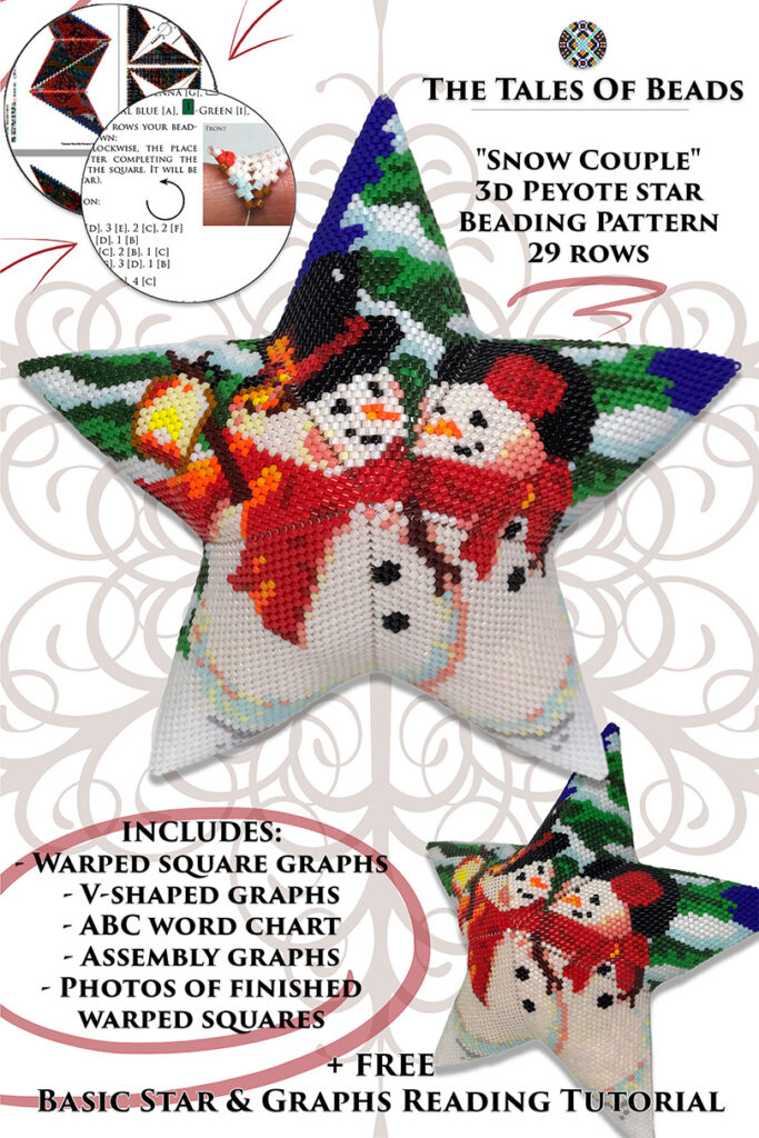 A collage image showing different sides of a Peyote Star with snowman couple and beading pattern preview