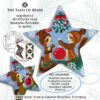 Collage image featuring different sides of the Squirrels Peyote Star with beading pattern extracts