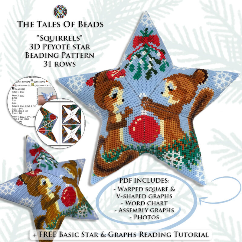 beaded-star-pattern-squirrels Collage image featuring different sides of the Squirrels Peyote Star with beading pattern extracts