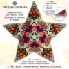 A collage showing a peyote star with a geometric motif in cream, purple and green and its pattern extracts