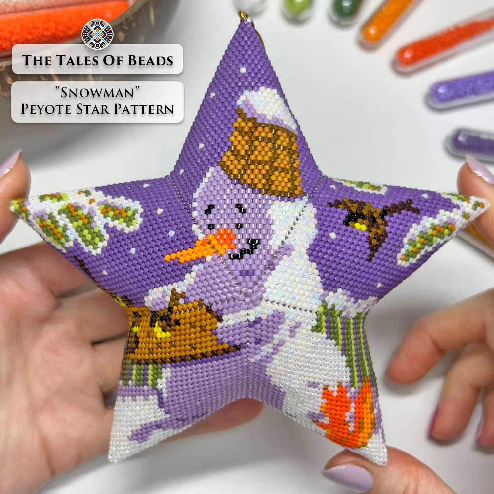 Hands holding a Christmas beaded star ornament featuring a snowman and birds with bead tubes in the background