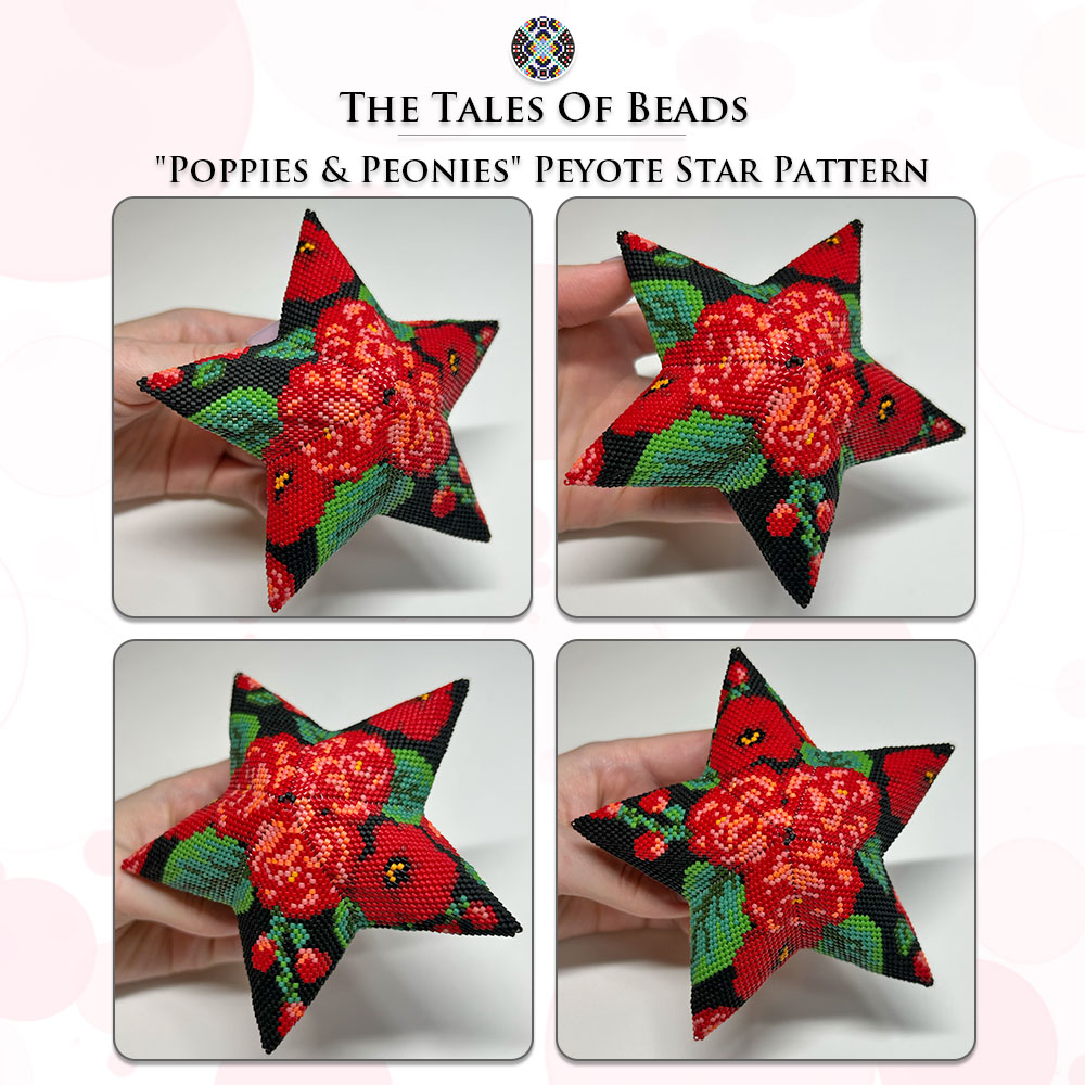 A collage image showing various sides of a beaded star with red flowers