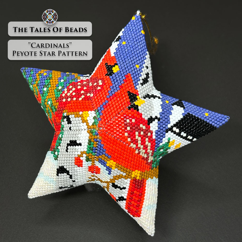 Cardinals beaded star ornament on black background