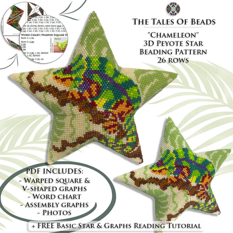 chameleon-peyote-star Collage image featuring different sides of the Chameleon Peyote Star with beading pattern extracts