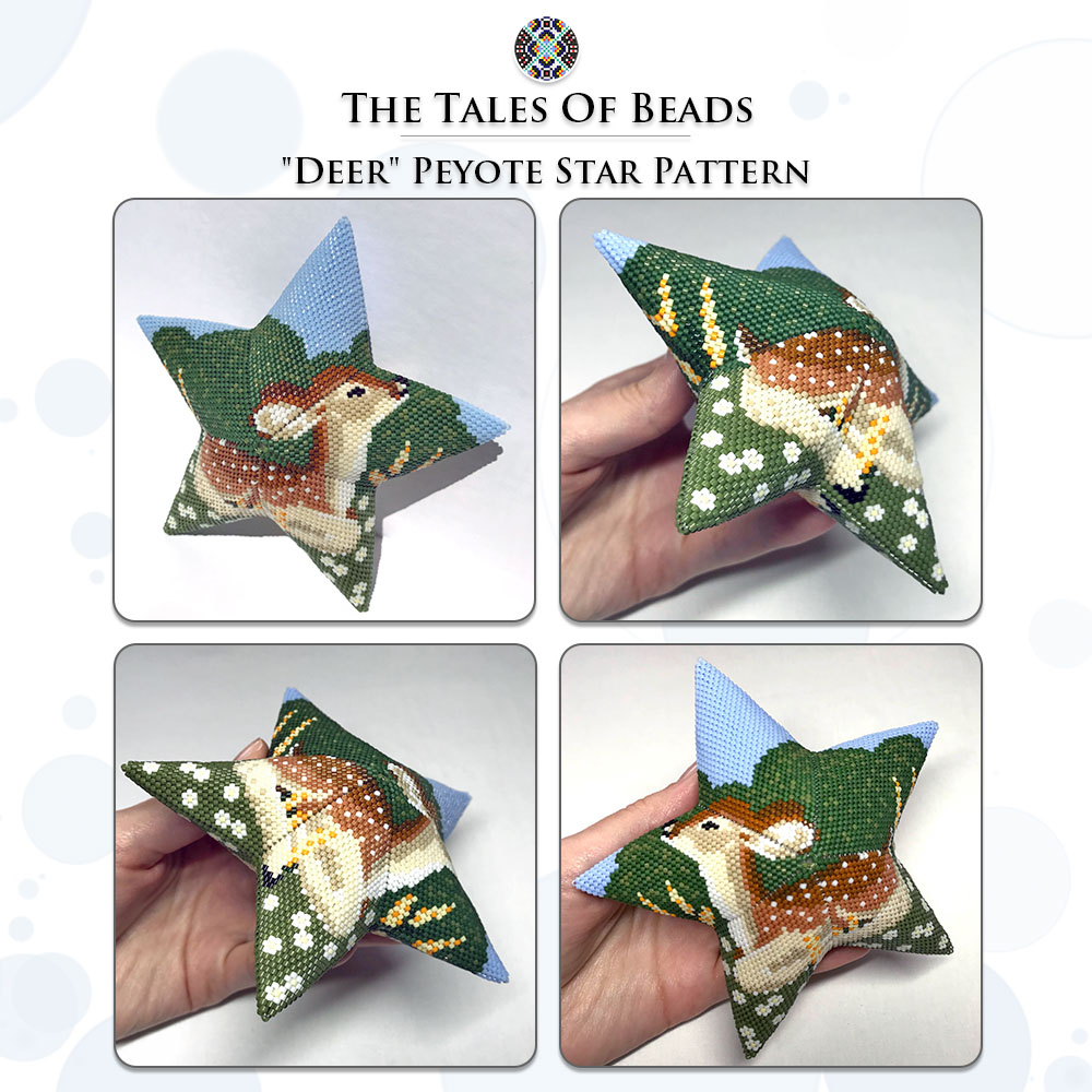 Various sides of the Deer Peyote Star Beaded Ornament held in hand for scale