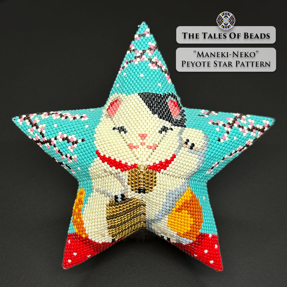 Maneki-Neko beaded star ornament on black background