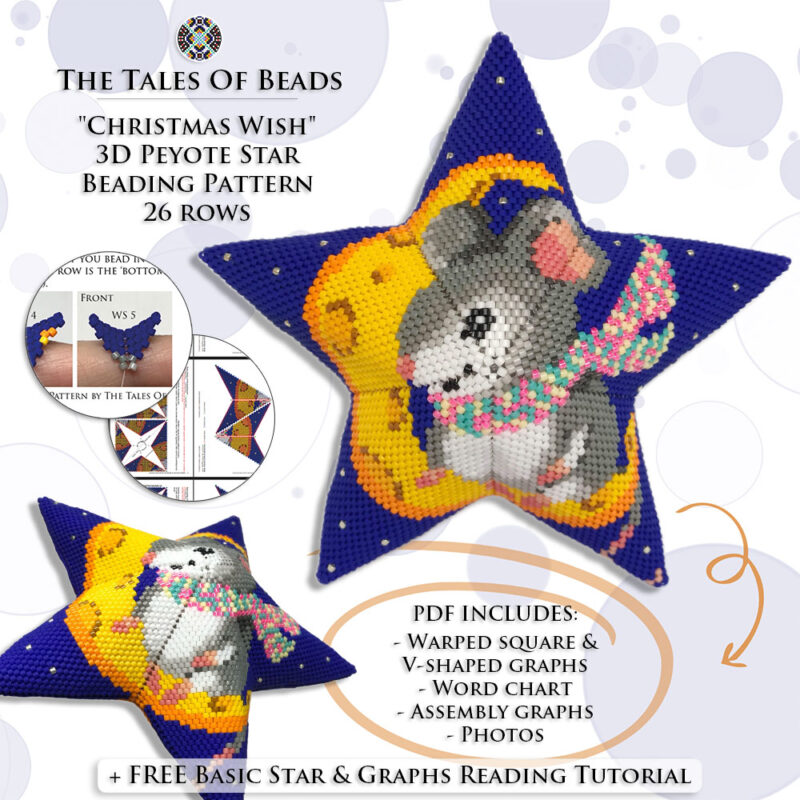 mouse-beaded-star-pattern Collage image featuring different sides of the Christmas Wish Peyote Star with beading pattern extracts