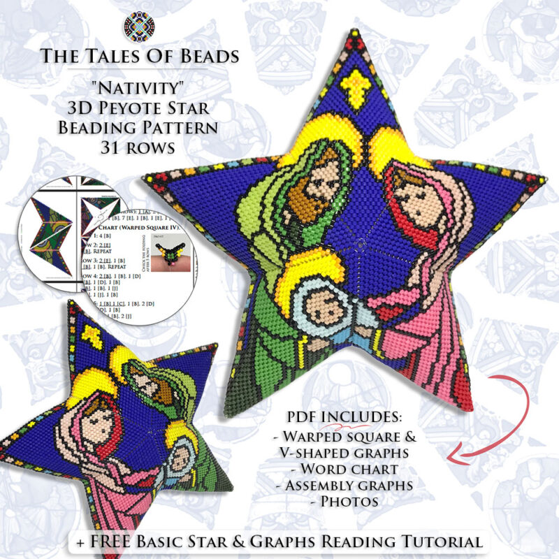 Beaded Nativity star ornament showing Holy Family design with pattern preview