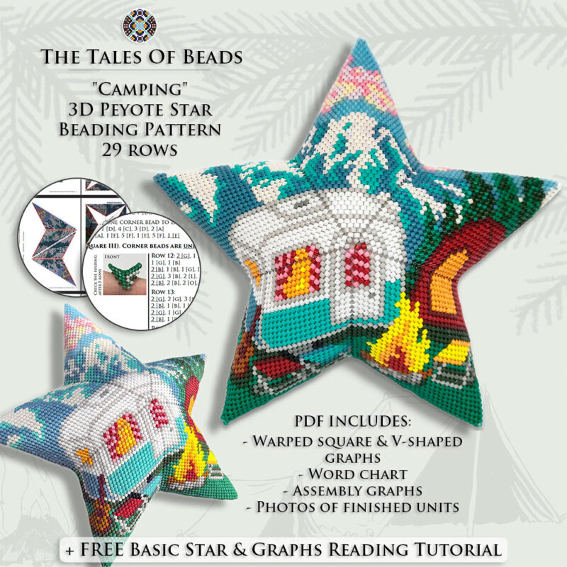 peyote-star-pattern-camping Collage image featuring different sides of the Camping Peyote Star with beading pattern extracts