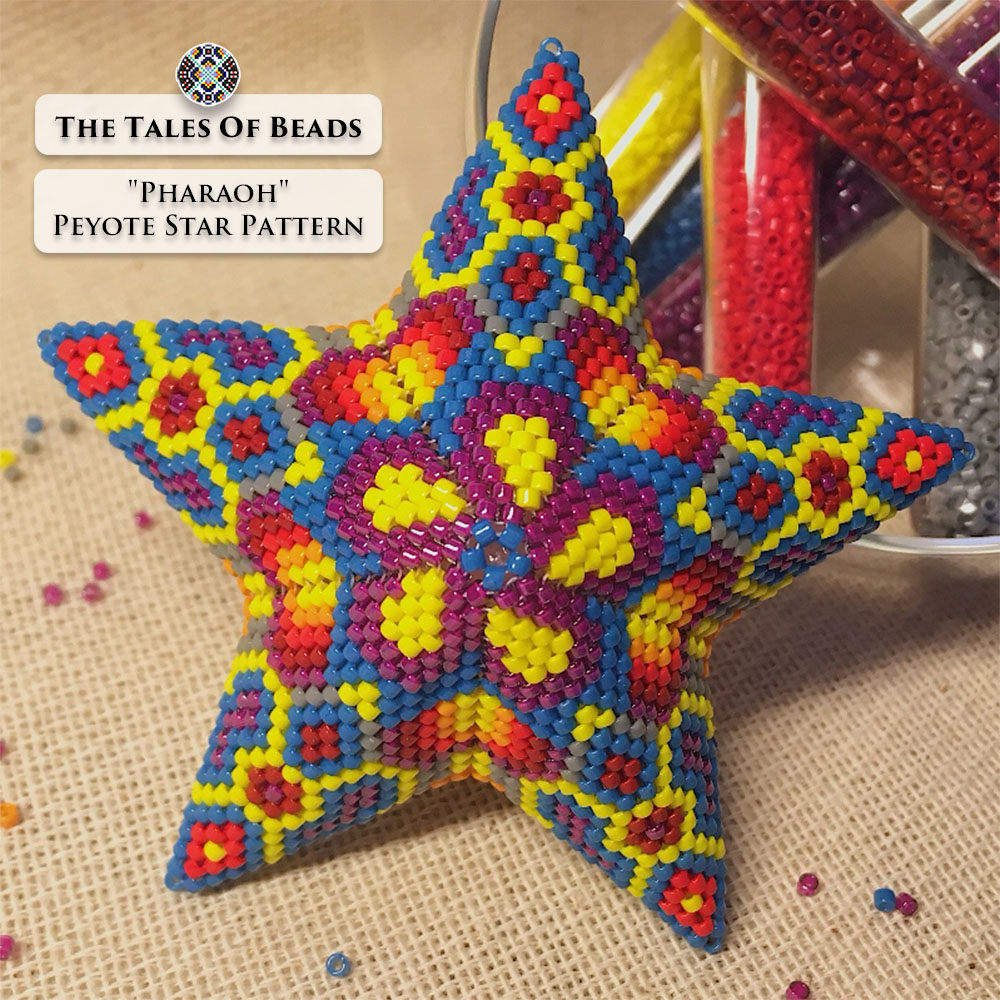Flat lay of the finished Pharaoh Peyote Star surrounded by craft supplies