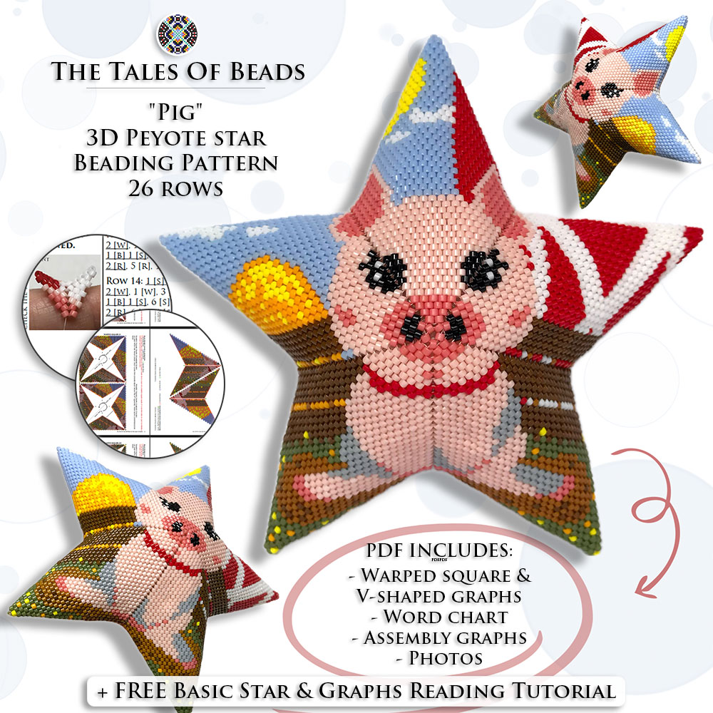 Collage image featuring different sides of the Pig Peyote Star with beading pattern extracts