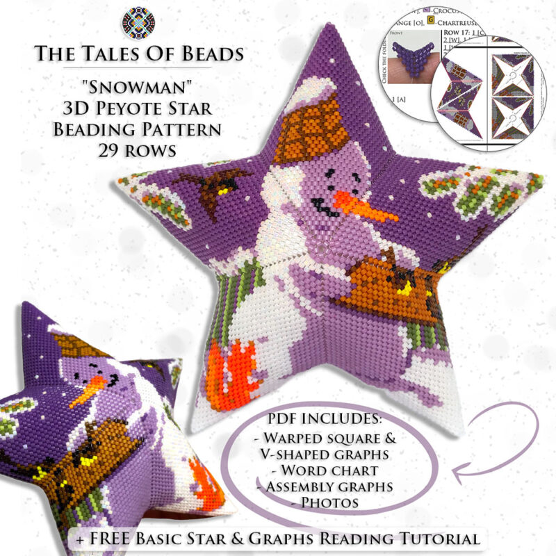 peyote-star-pattern-snowman Collage image featuring different sides of the Snowman Peyote Star with beading pattern extracts