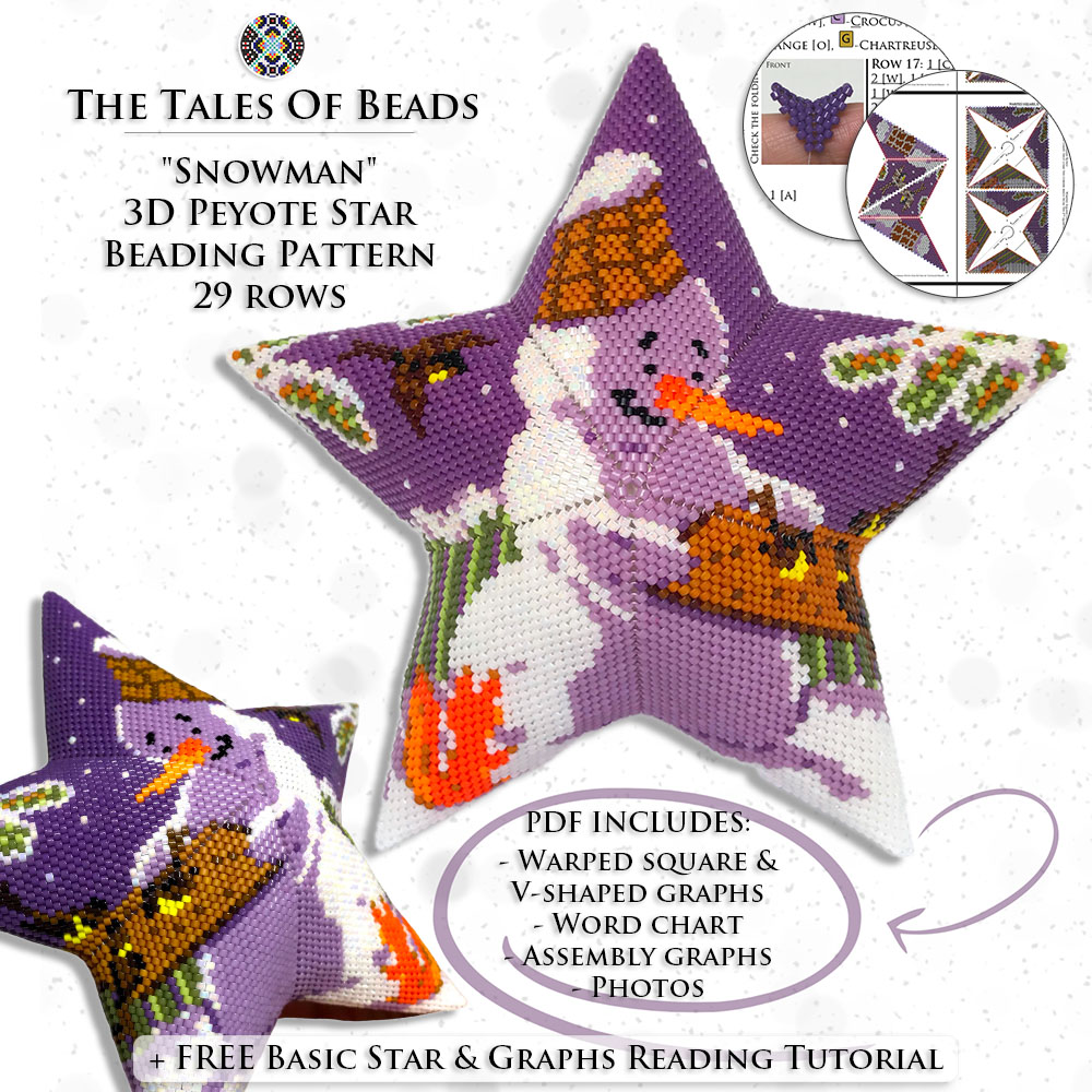 Collage image featuring different sides of the Snowman Peyote Star with beading pattern extracts