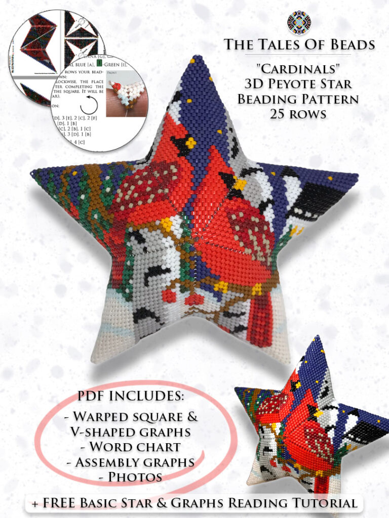 A collage image showing different sides of a Peyote Star with cardinals and beading pattern preview