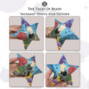 A collage image of 4 different sides of a peyote star with a mermaid, held in hand for scale