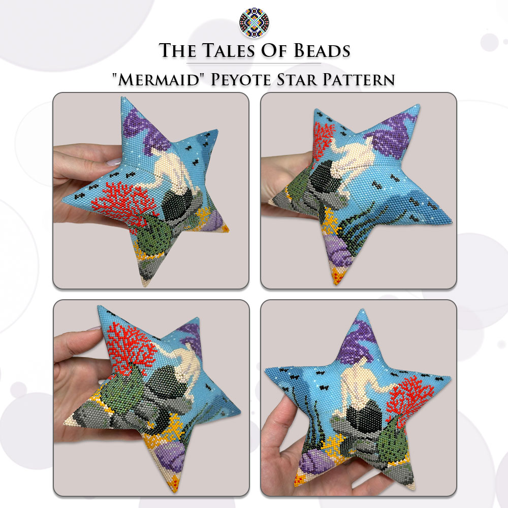A collage image of 4 different sides of a peyote star with a mermaid, held in hand for scale