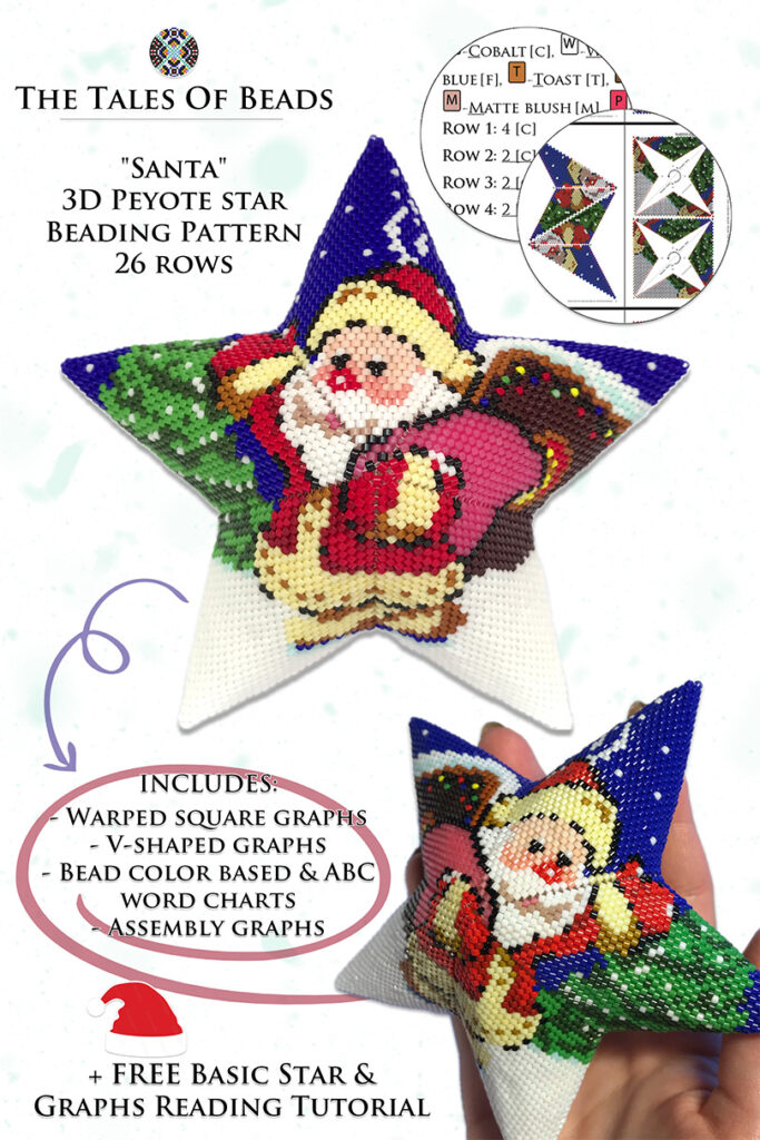 Beaded Santa star ornament with pattern extracts on white background