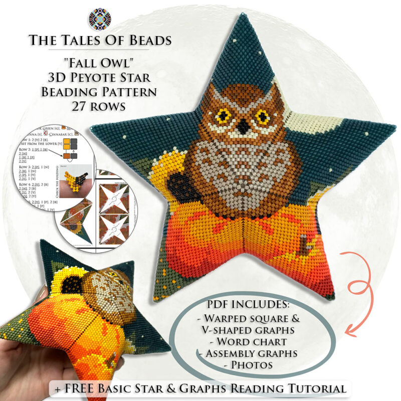 peyote-star-with-owl-ptn Collage image featuring different sides of the Fall Owl Peyote Star with beading pattern extracts