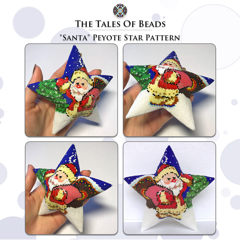 different sides of a peyote star with Santa held in hand for scale