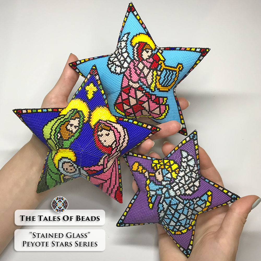 Hands holding the Christmas beaded stars of the stained glass series