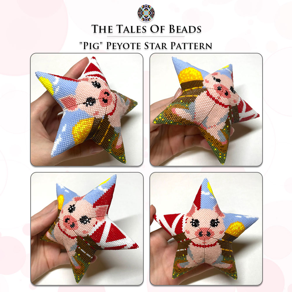 different sides of a peyote star with a pig held in hand for scale