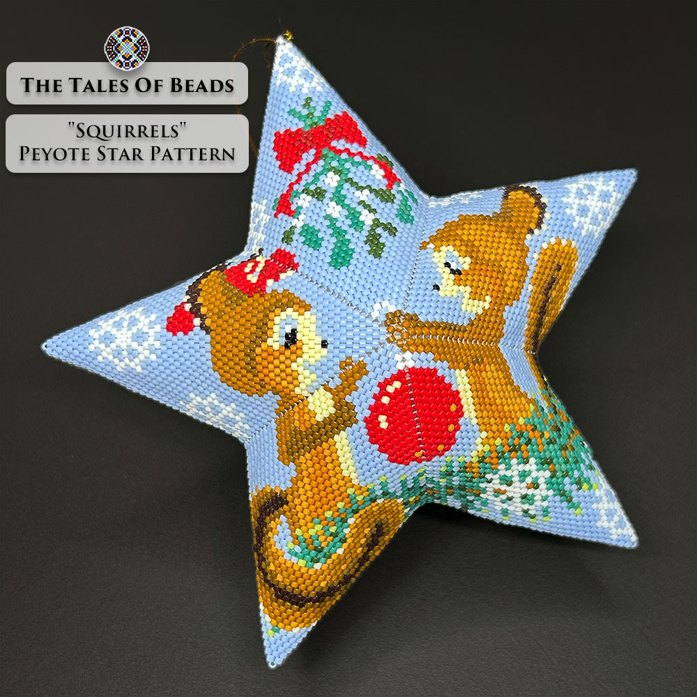 Squirrels beaded star ornament on black background