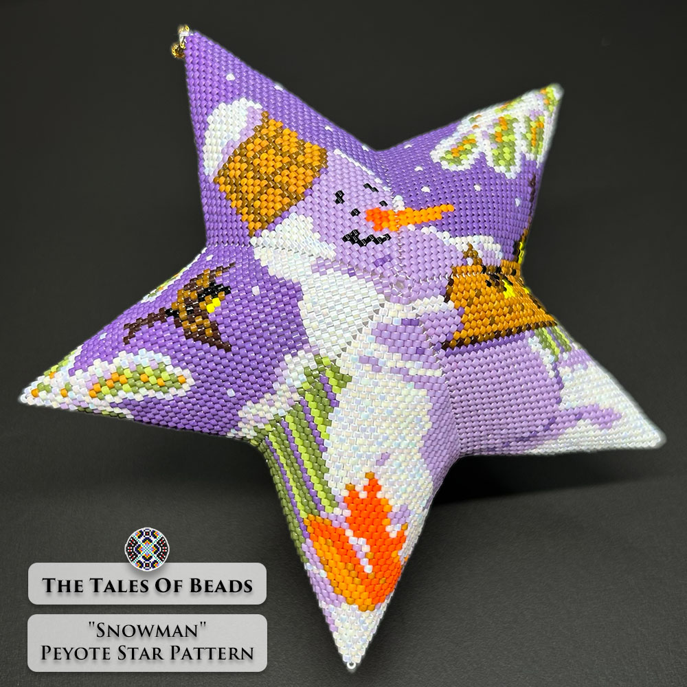 Snowman beaded star ornament on black background