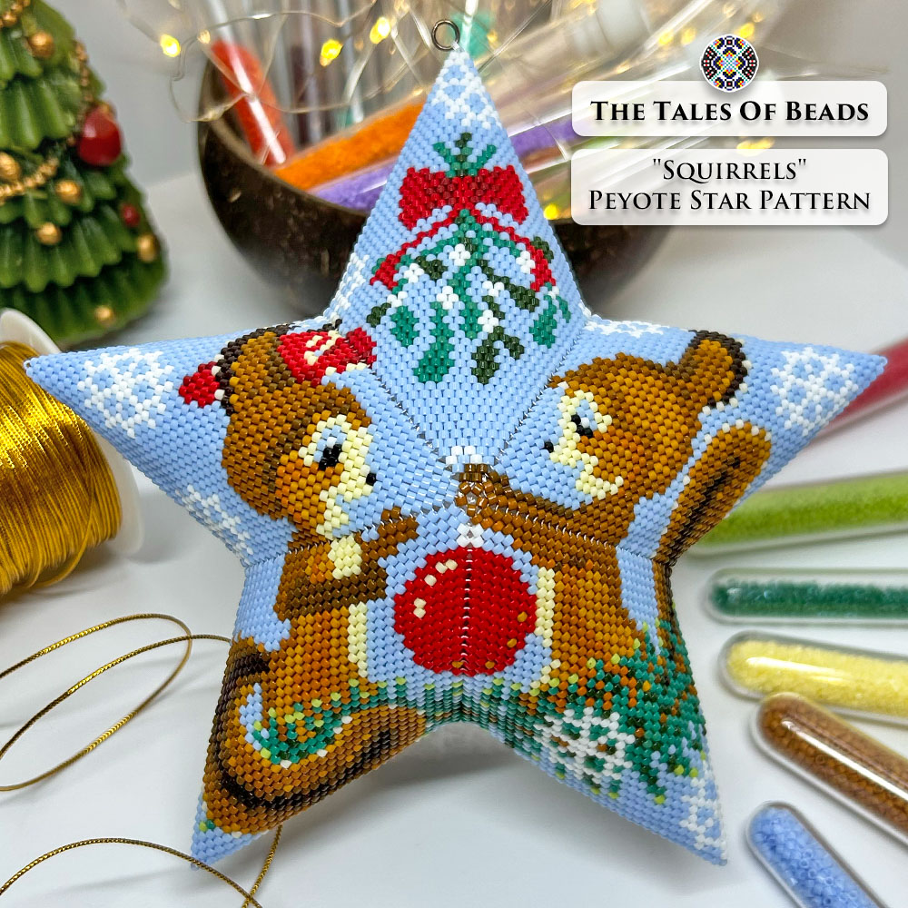 Flat lay of the finished Squirrels Peyote Star surrounded by craft supplies and Christmas decor