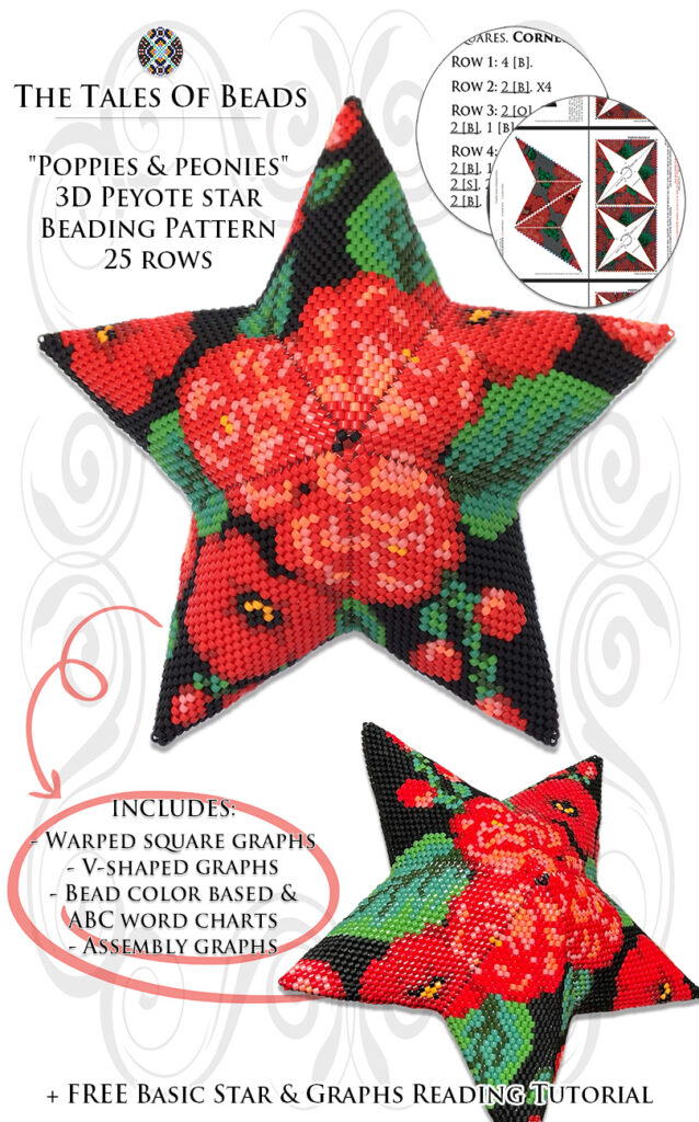poppies & peonies peyote star beading pattern preview with beading graphs and word charts