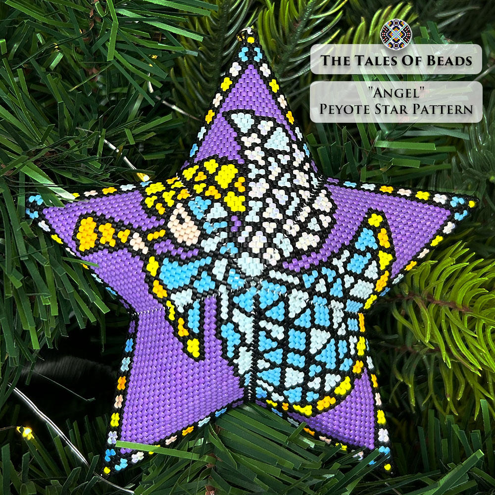 Angel-themed beaded star ornament on Christmas tree background